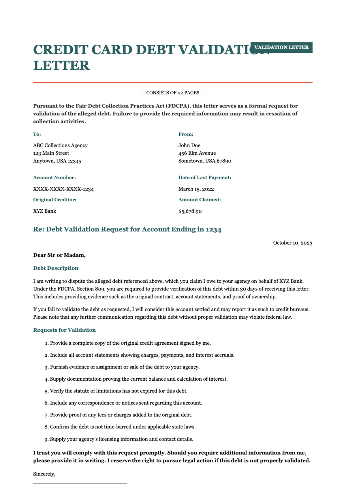 Credit card debt validation letter template with two page layout and structured request sections_variant_2